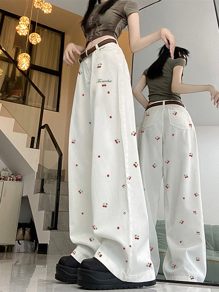 High-Waisted White Jeans for Women with Cherry Embroidery, American High Street Style, Slimming Straight-Leg Wide-Leg Casual Pants High-Waisted White Jeans for Women with Cherry Embroidery, American High Street Style, Slimming Straight-Leg Wide-Leg Casual Pants