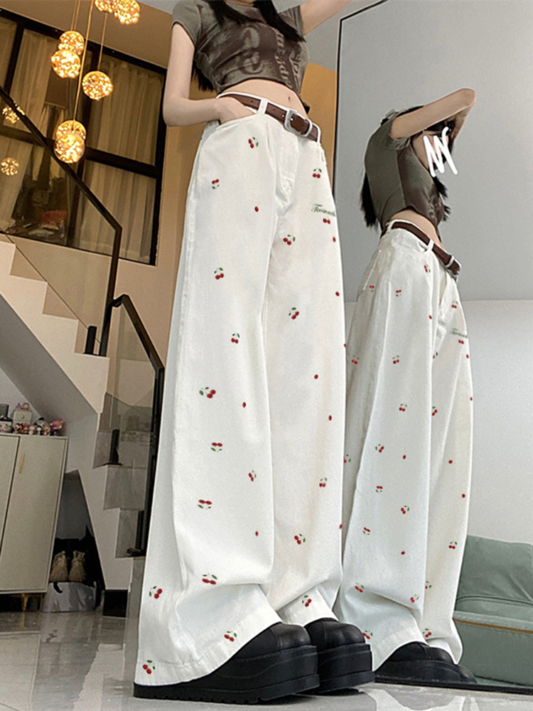 High-Waisted White Jeans for Women with Cherry Embroidery, American High Street Style, Slimming Straight-Leg Wide-Leg Casual Pants High-Waisted White Jeans for Women with Cherry Embroidery, American High Street Style, Slimming Straight-Leg Wide-Leg Casual Pants