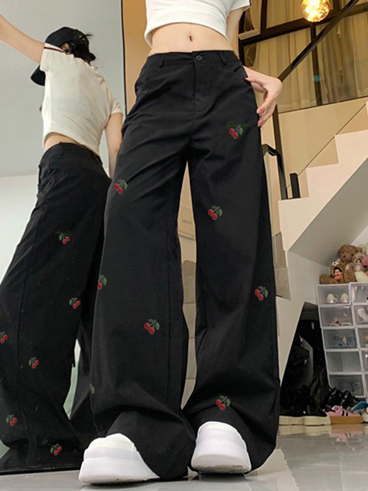 High-Waisted White Jeans for Women with Cherry Embroidery, Casual Slimming Straight-Leg & Wide-Leg American High Street Style High-Waisted White Jeans for Women with Cherry Embroidery, Casual Slimming Straight-Leg & Wide-Leg American High Street Style