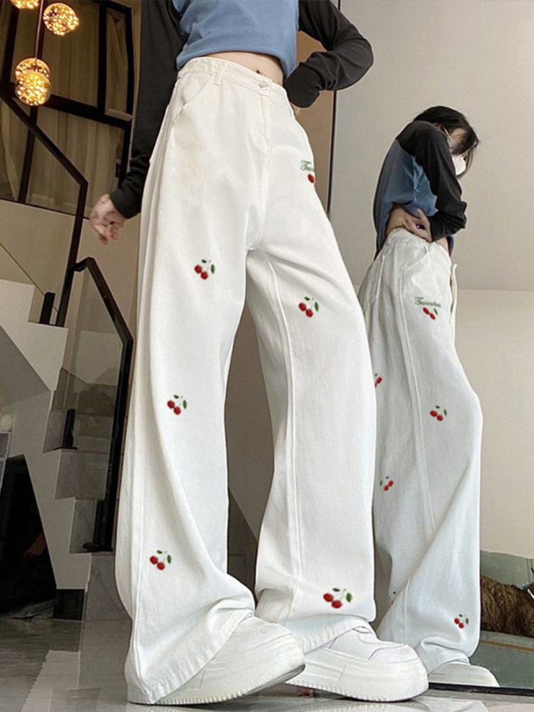 High-Waisted White Jeans for Women with Cherry Embroidery, Casual Slimming Straight-Leg & Wide-Leg American High Street Style High-Waisted White Jeans for Women with Cherry Embroidery, Casual Slimming Straight-Leg & Wide-Leg American High Street Style