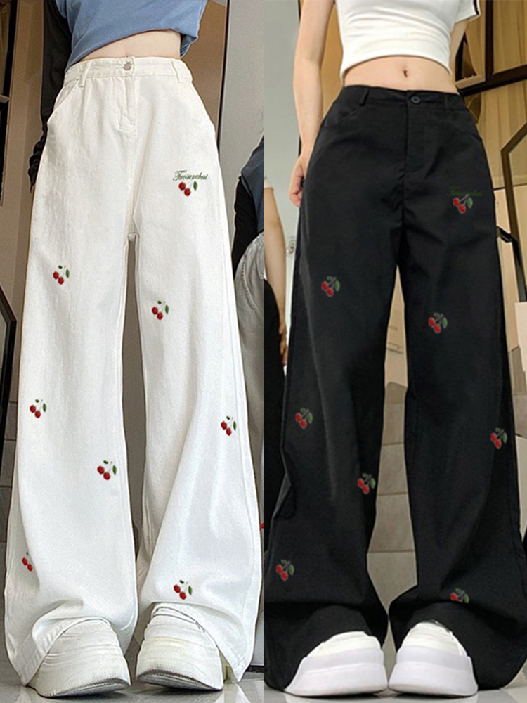 High-Waisted White Jeans for Women with Cherry Embroidery, Casual Slimming Straight-Leg & Wide-Leg American High Street Style