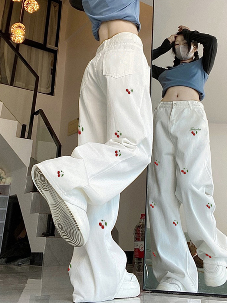 High-Waisted White Jeans for Women with Cherry Embroidery, Casual Slimming Straight-Leg & Wide-Leg American High Street Style High-Waisted White Jeans for Women with Cherry Embroidery, Casual Slimming Straight-Leg & Wide-Leg American High Street Style
