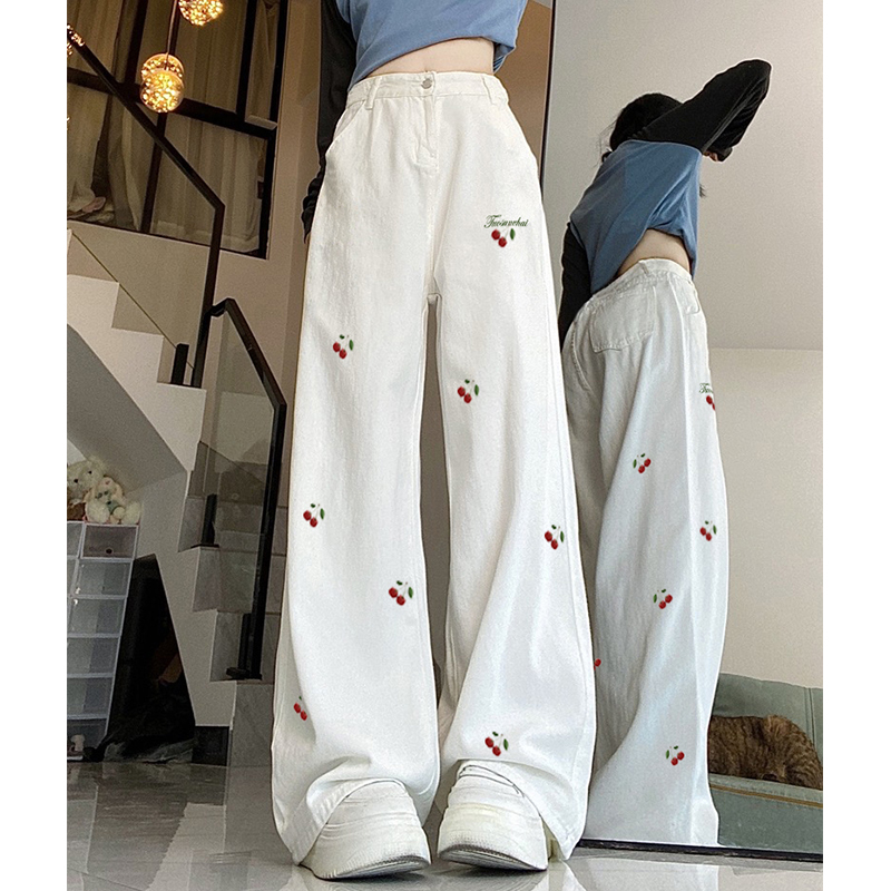 High-Waisted White Jeans for Women with Cherry Embroidery, Casual Slimming Straight-Leg & Wide-Leg American High Street Style