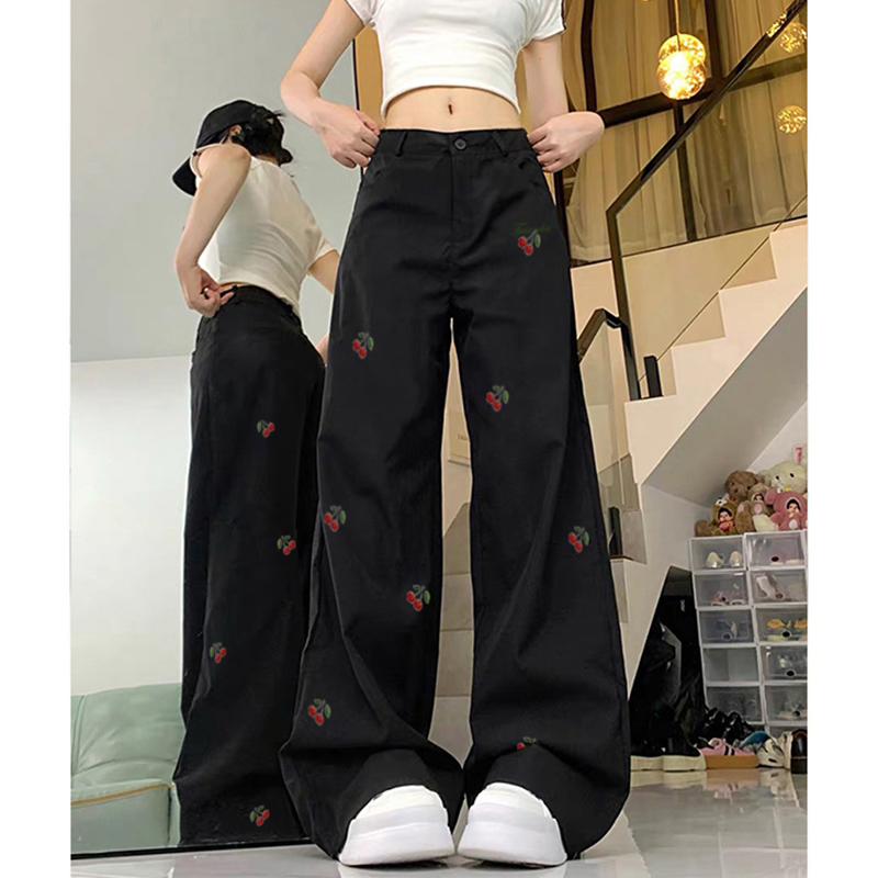 High-Waisted White Jeans for Women with Cherry Embroidery, Casual Slimming Straight-Leg & Wide-Leg American High Street Style High-Waisted White Jeans for Women with Cherry Embroidery, Casual Slimming Straight-Leg & Wide-Leg American High Street Style