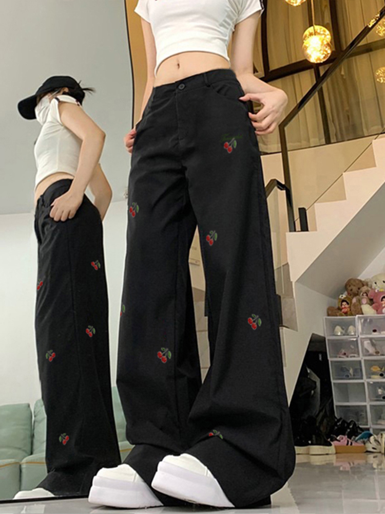 High-Waisted White Jeans for Women with Cherry Embroidery, Casual Slimming Straight-Leg & Wide-Leg American High Street Style High-Waisted White Jeans for Women with Cherry Embroidery, Casual Slimming Straight-Leg & Wide-Leg American High Street Style