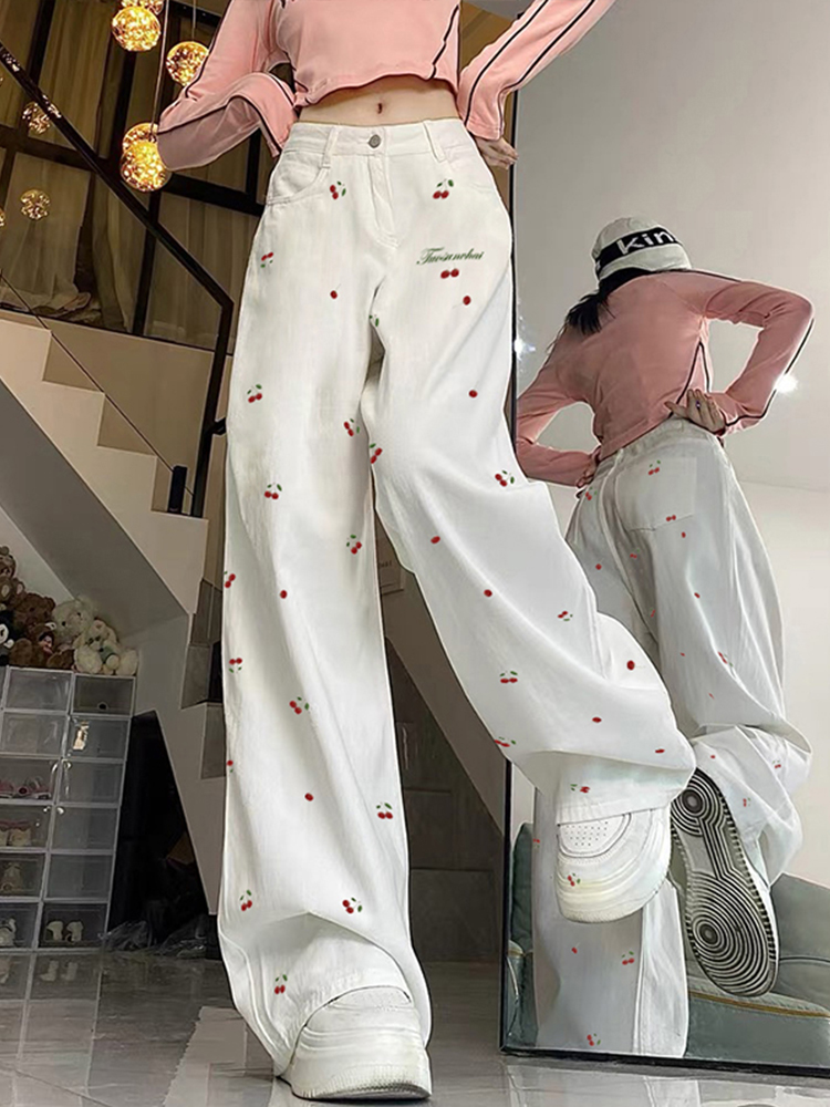 High-Waisted White Jeans for Women with Cherry Embroidery, Slimming Casual Straight-Leg Wide-Leg Pants, American High Street Style High-Waisted White Jeans for Women with Cherry Embroidery, Slimming Casual Straight-Leg Wide-Leg Pants, American High Street Style