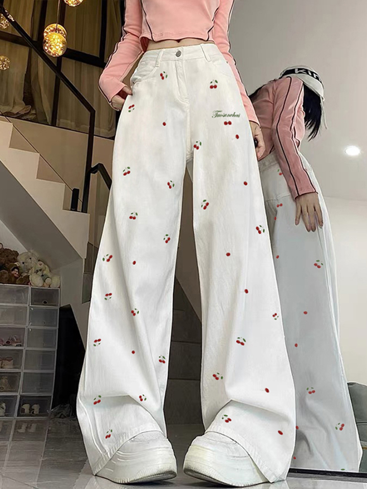 High-Waisted White Jeans for Women with Cherry Embroidery, Slimming Casual Straight-Leg Wide-Leg Pants, American High Street Style High-Waisted White Jeans for Women with Cherry Embroidery, Slimming Casual Straight-Leg Wide-Leg Pants, American High Street Style