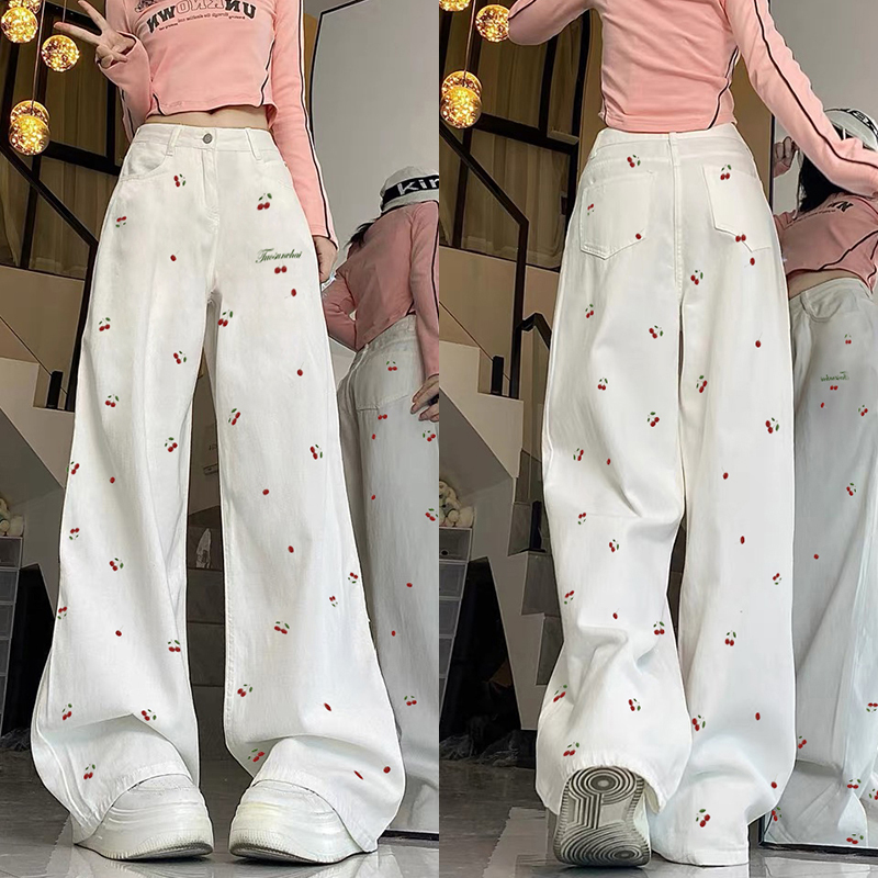High-Waisted White Jeans for Women with Cherry Embroidery, Slimming Casual Straight-Leg Wide-Leg Pants, American High Street Style