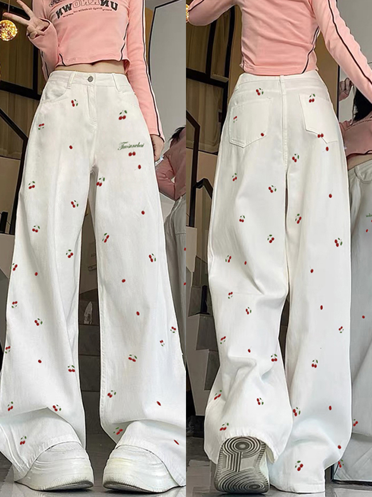 High-Waisted White Jeans for Women with Cherry Embroidery, Slimming Casual Straight-Leg Wide-Leg Pants, American High Street Style
