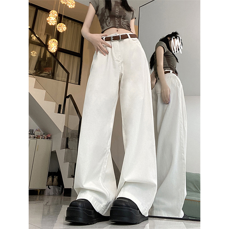High-Waisted White Jeans for Women with Cherry Embroidery, Slimming Casual Straight-Leg Wide-Leg Pants, American High Street Style High-Waisted White Jeans for Women with Cherry Embroidery, Slimming Casual Straight-Leg Wide-Leg Pants, American High Street Style