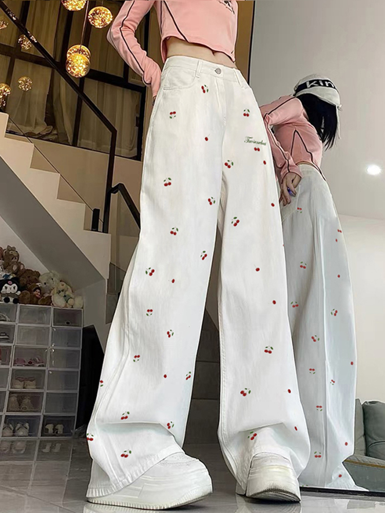 High-Waisted White Jeans for Women with Cherry Embroidery, Slimming Casual Straight-Leg Wide-Leg Pants, American High Street Style High-Waisted White Jeans for Women with Cherry Embroidery, Slimming Casual Straight-Leg Wide-Leg Pants, American High Street Style