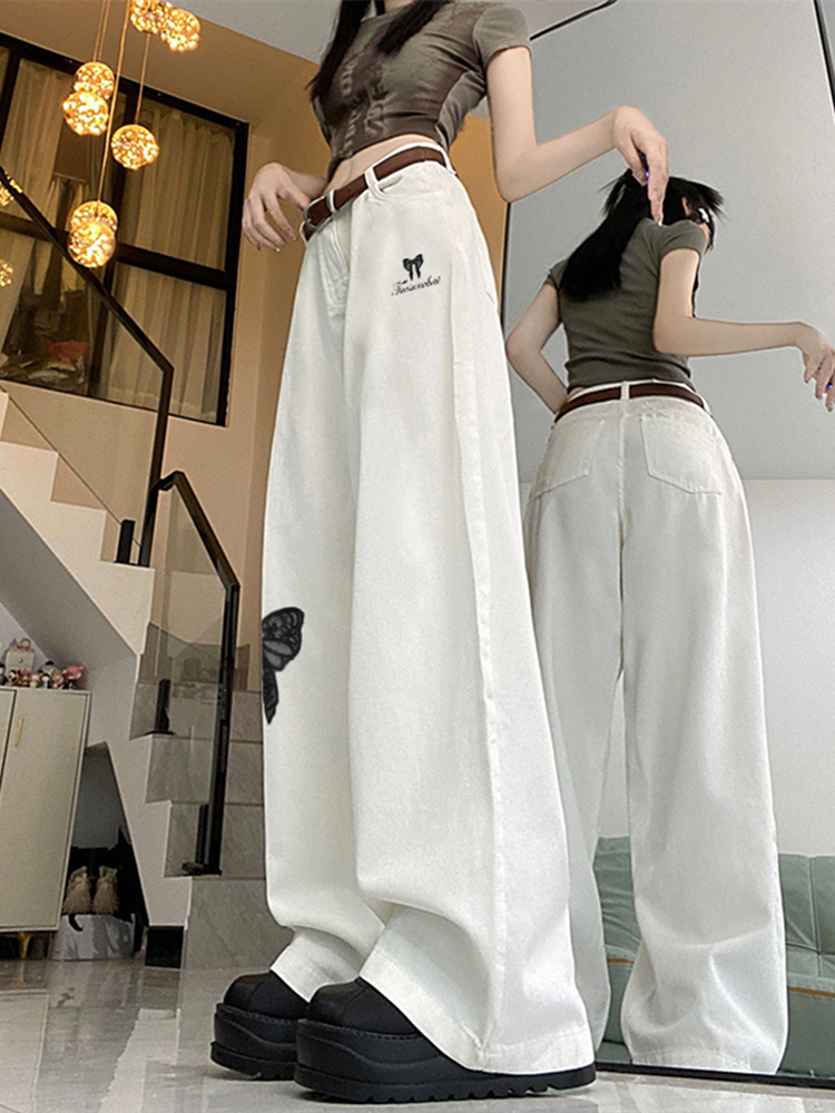 High-Waisted White Jeans for Women with Trendy Embroidered Bow, Slimming Casual Straight-Leg Wide-Leg Pants, High Street Fashion High-Waisted White Jeans for Women with Trendy Embroidered Bow, Slimming Casual Straight-Leg Wide-Leg Pants, High Street Fashion