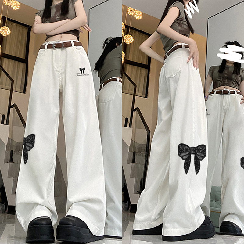High-Waisted White Jeans for Women with Trendy Embroidered Bow, Slimming Casual Straight-Leg Wide-Leg Pants, High Street Fashion