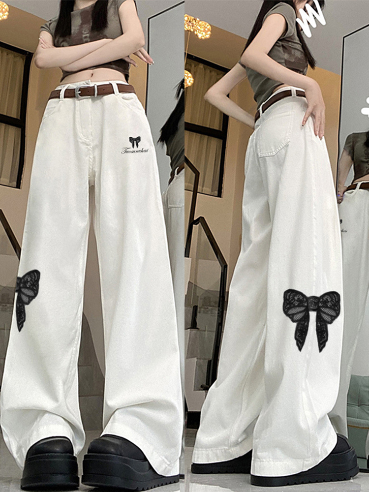 High-Waisted White Jeans for Women with Trendy Embroidered Bow, Slimming Casual Straight-Leg Wide-Leg Pants, High Street Fashion
