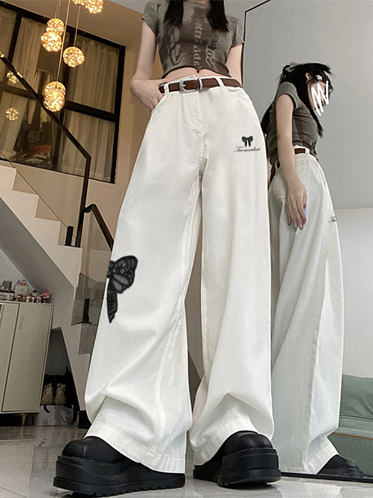 High-Waisted White Jeans for Women with Trendy Embroidered Bow, Slimming Casual Straight-Leg Wide-Leg Pants, High Street Fashion High-Waisted White Jeans for Women with Trendy Embroidered Bow, Slimming Casual Straight-Leg Wide-Leg Pants, High Street Fashion
