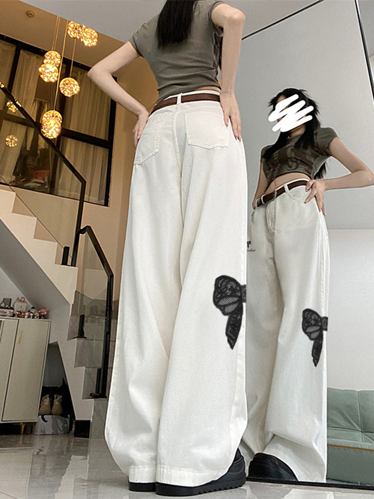 High-Waisted White Jeans for Women with Trendy Embroidered Bow, Slimming Casual Straight-Leg Wide-Leg Pants, High Street Fashion High-Waisted White Jeans for Women with Trendy Embroidered Bow, Slimming Casual Straight-Leg Wide-Leg Pants, High Street Fashion