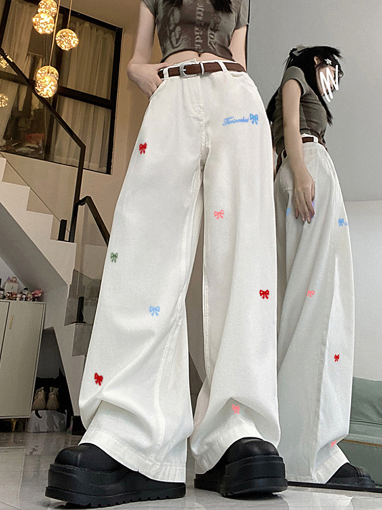 High-Waisted White Wide-Leg Pants with Butterfly Knot Embroidery - Casual American High Street Style for Women High-Waisted White Wide-Leg Pants with Butterfly Knot Embroidery - Casual American High Street Style for Women