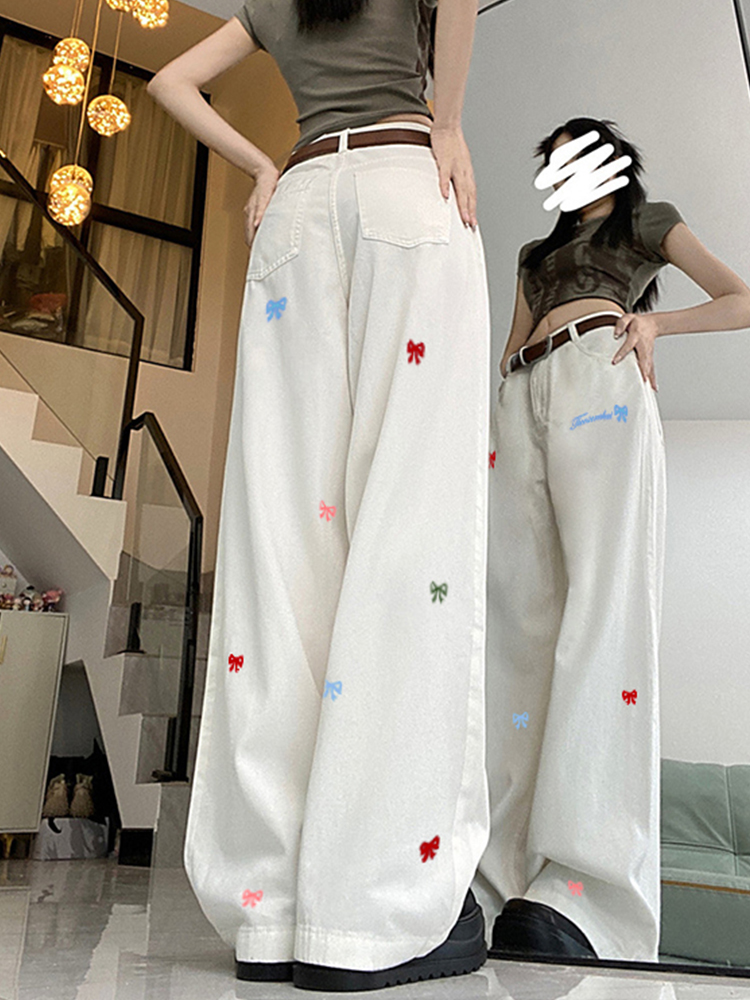 High-Waisted White Wide-Leg Pants with Butterfly Knot Embroidery - Casual American High Street Style for Women High-Waisted White Wide-Leg Pants with Butterfly Knot Embroidery - Casual American High Street Style for Women