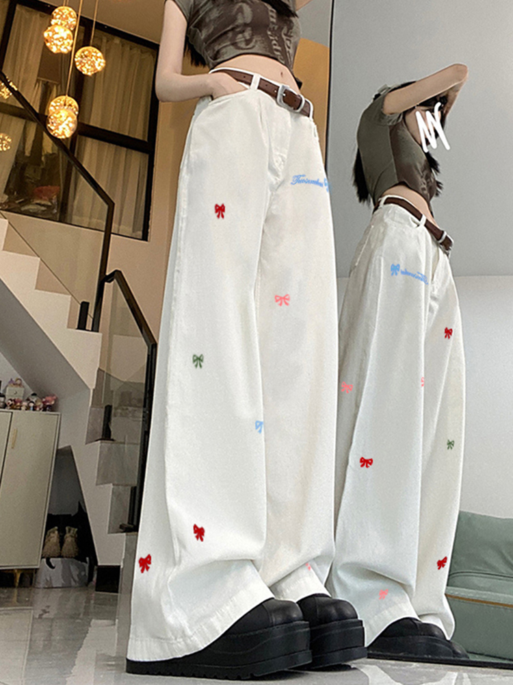 High-Waisted White Wide-Leg Pants with Butterfly Knot Embroidery - Casual American High Street Style for Women High-Waisted White Wide-Leg Pants with Butterfly Knot Embroidery - Casual American High Street Style for Women