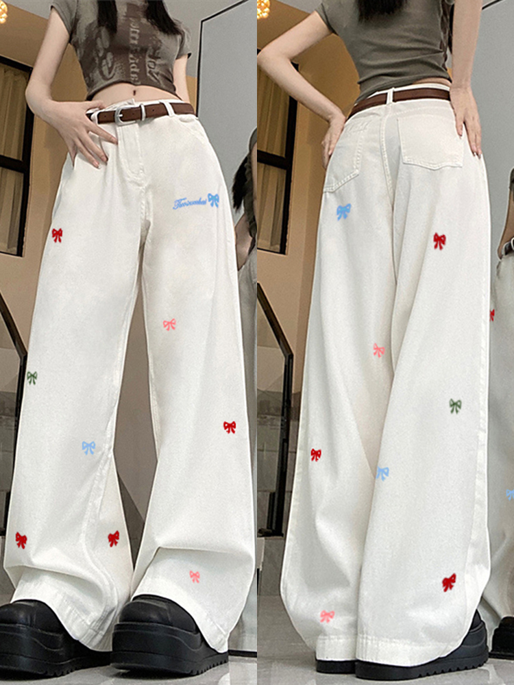 High-Waisted White Wide-Leg Pants with Butterfly Knot Embroidery - Casual American High Street Style for Women