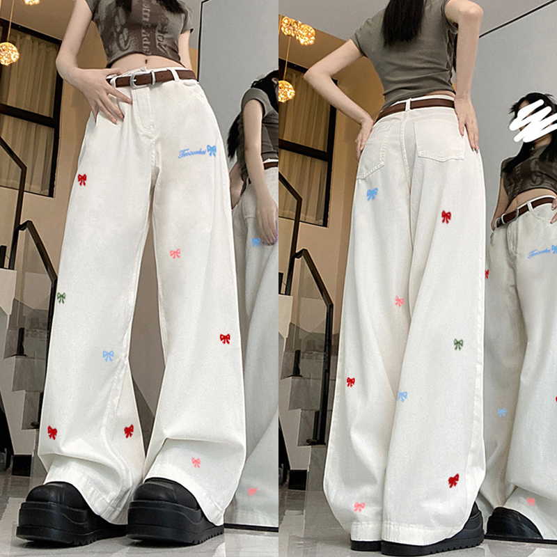 High-Waisted White Wide-Leg Pants with Butterfly Knot Embroidery - Casual American High Street Style for Women