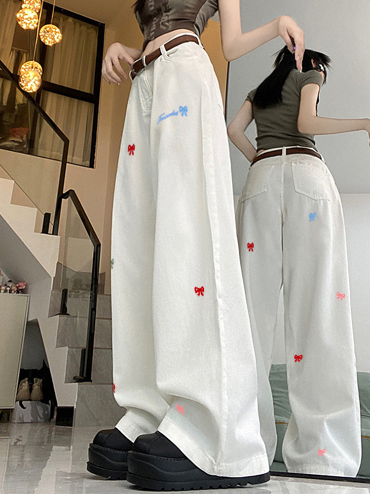 High-Waisted White Wide-Leg Pants with Butterfly Knot Embroidery - Casual American High Street Style for Women High-Waisted White Wide-Leg Pants with Butterfly Knot Embroidery - Casual American High Street Style for Women