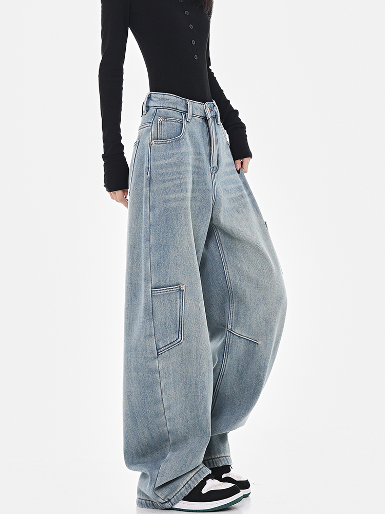High-Waisted Wide-Leg Cargo Jeans for Women - American Style High Street Loose Banana Pants, Trendy Curved Knife Design