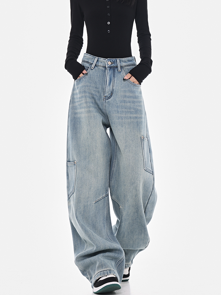 High-Waisted Wide-Leg Cargo Jeans for Women - American Style High Street Loose Banana Pants, Trendy Curved Knife Design High-Waisted Wide-Leg Cargo Jeans for Women - American Style High Street Loose Banana Pants, Trendy Curved Knife Design