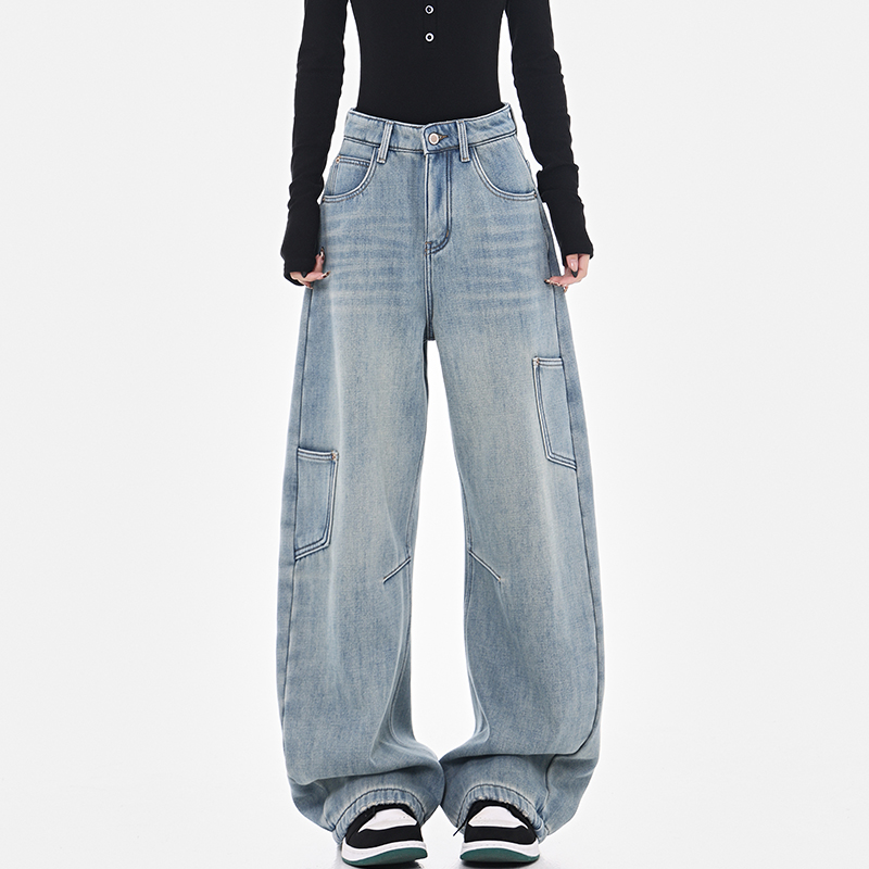 High-Waisted Wide-Leg Cargo Jeans for Women - American Style High Street Loose Banana Pants, Trendy Curved Knife Design