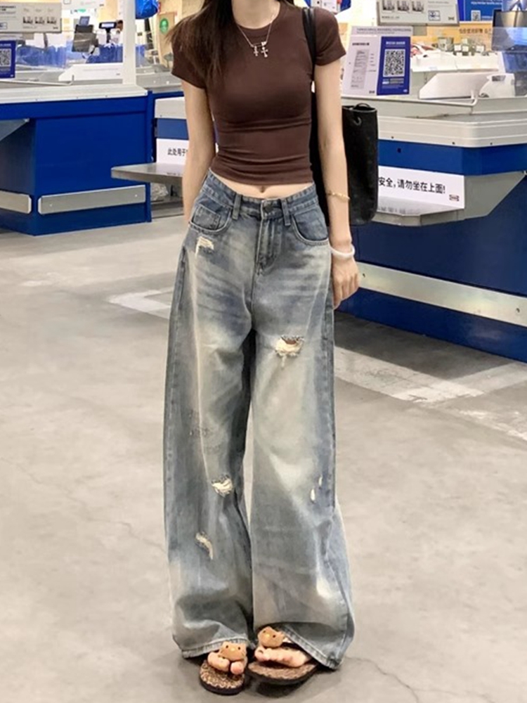 High-Waisted Wide-Leg Ripped Jeans for Women - Vintage American Style Loose Straight-Leg Summer Pants