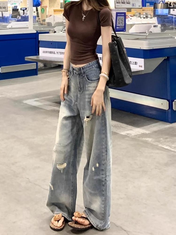 High-Waisted Wide-Leg Ripped Jeans for Women - Vintage American Style Loose Straight-Leg Summer Pants