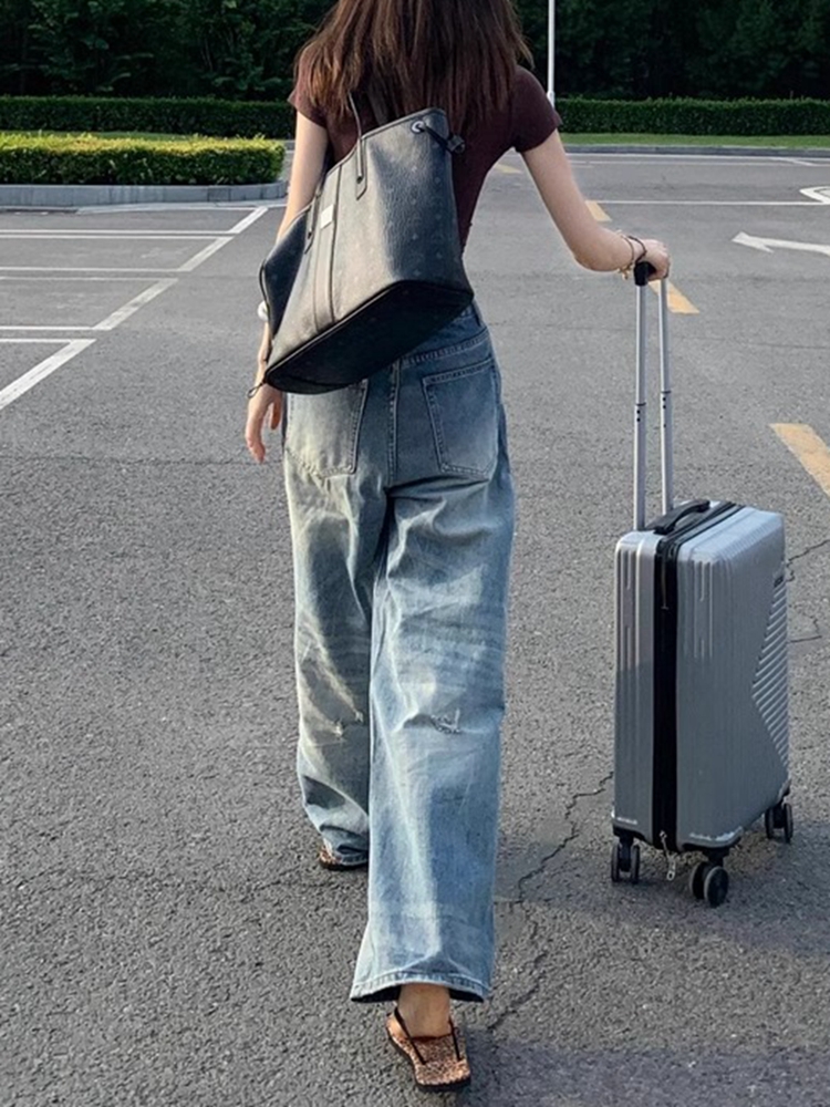 High-Waisted Wide-Leg Ripped Jeans for Women - Vintage American Style Loose Straight-Leg Summer Pants High-Waisted Wide-Leg Ripped Jeans for Women - Vintage American Style Loose Straight-Leg Summer Pants