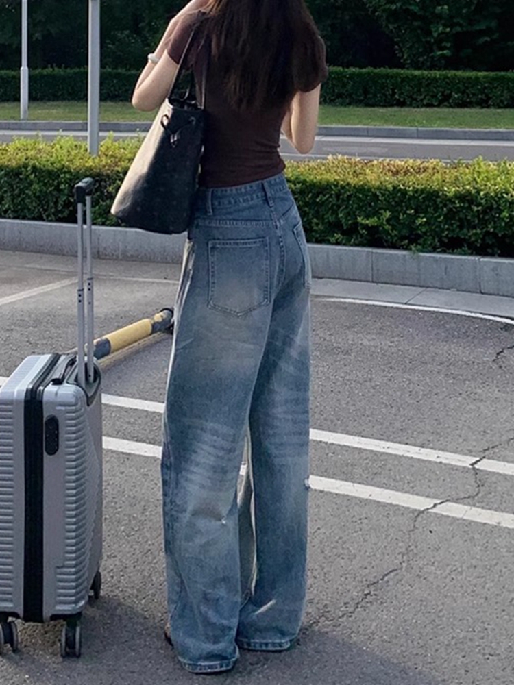 High-Waisted Wide-Leg Ripped Jeans for Women - Vintage American Style Loose Straight-Leg Summer Pants High-Waisted Wide-Leg Ripped Jeans for Women - Vintage American Style Loose Straight-Leg Summer Pants