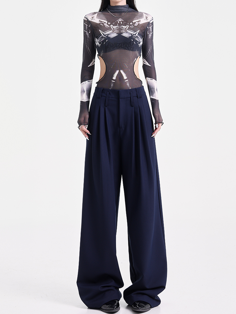 High-Waisted Wide-Leg Suit Pants for Women - Casual Pleated Floor-Length Trousers - Stylish Autumn Fashion