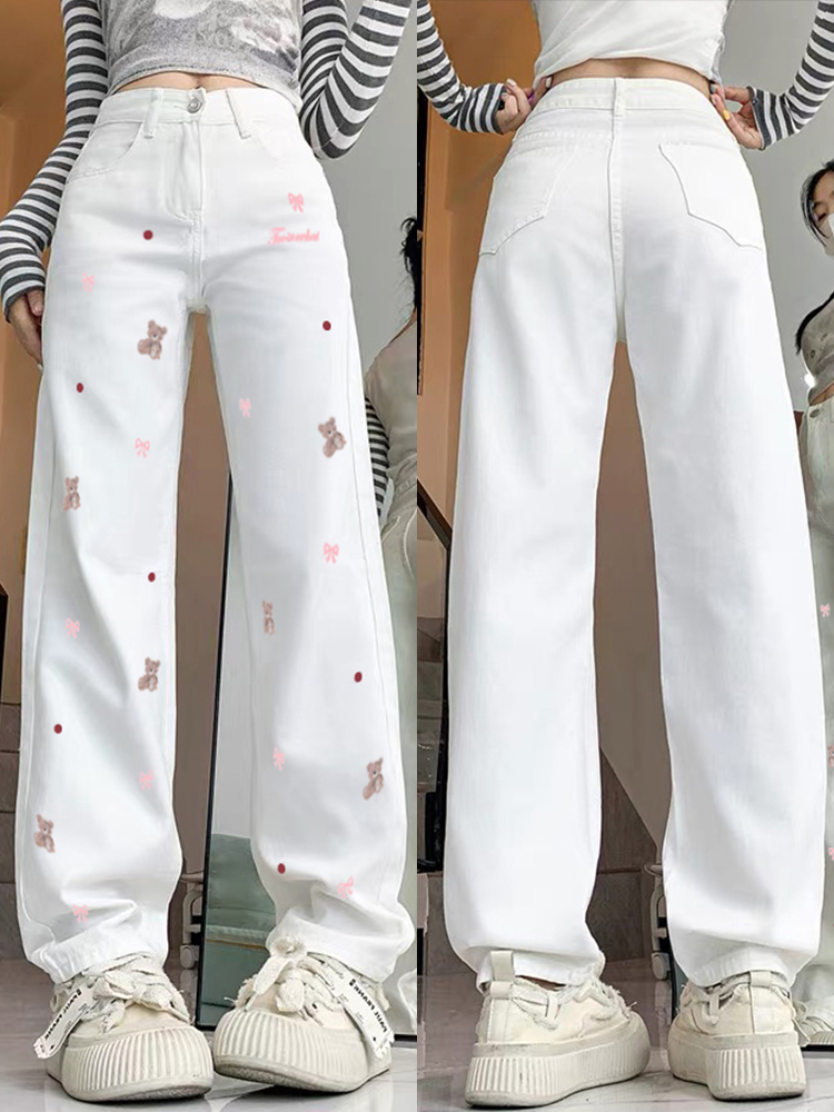 High-Waisted Wide-Leg White Embroidered Jeans for Women - Casual American High Street Style, Versatile Slim-Fit Floor-Length Design