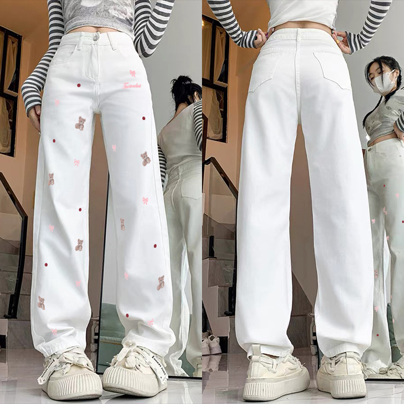 High-Waisted Wide-Leg White Embroidered Jeans for Women - Casual American High Street Style, Versatile Slim-Fit Floor-Length Design