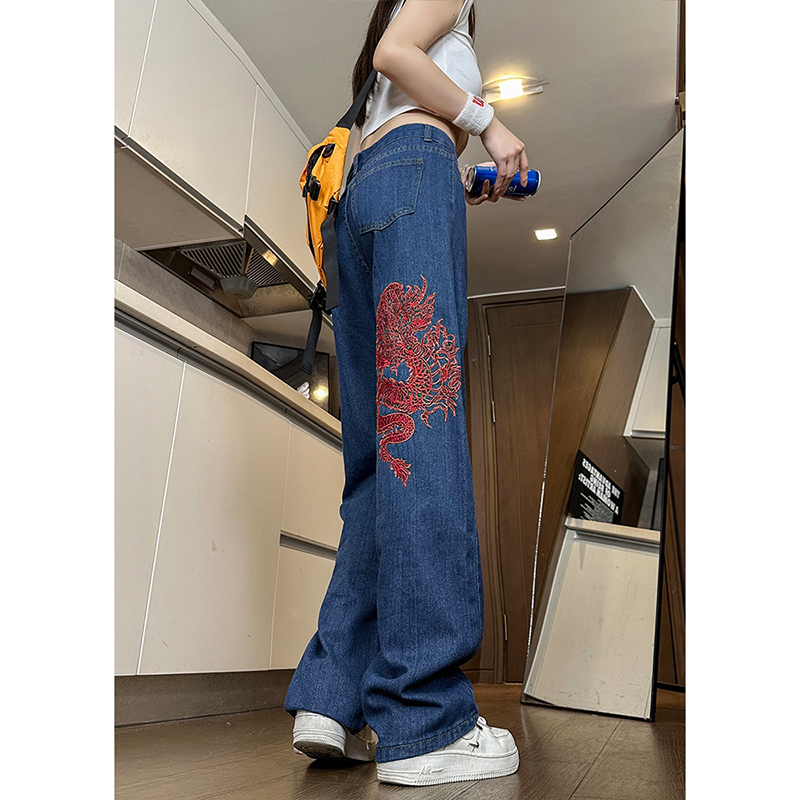 High-Waisted Wide-Leg Women's Jeans with Retro Embroidery - American High Street Style, Slim Loose Fit, Trendy Fashion Pants High-Waisted Wide-Leg Women's Jeans with Retro Embroidery - American High Street Style, Slim Loose Fit, Trendy Fashion Pants