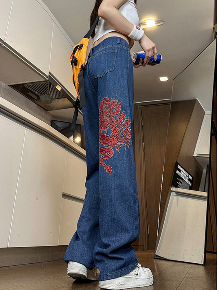 High-Waisted Wide-Leg Women's Jeans with Retro Embroidery - American High Street Style, Slim Loose Fit, Trendy Fashion Pants High-Waisted Wide-Leg Women's Jeans with Retro Embroidery - American High Street Style, Slim Loose Fit, Trendy Fashion Pants
