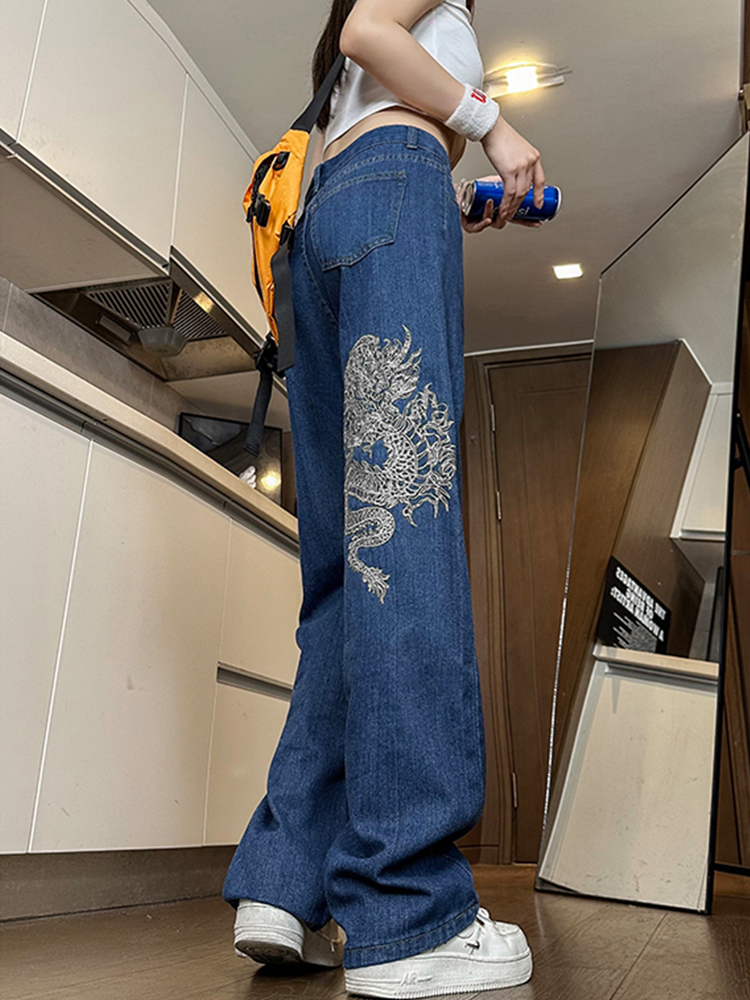 High-Waisted Wide-Leg Women's Jeans with Retro Embroidery - American High Street Style, Slim Loose Fit, Trendy Fashion Pants High-Waisted Wide-Leg Women's Jeans with Retro Embroidery - American High Street Style, Slim Loose Fit, Trendy Fashion Pants
