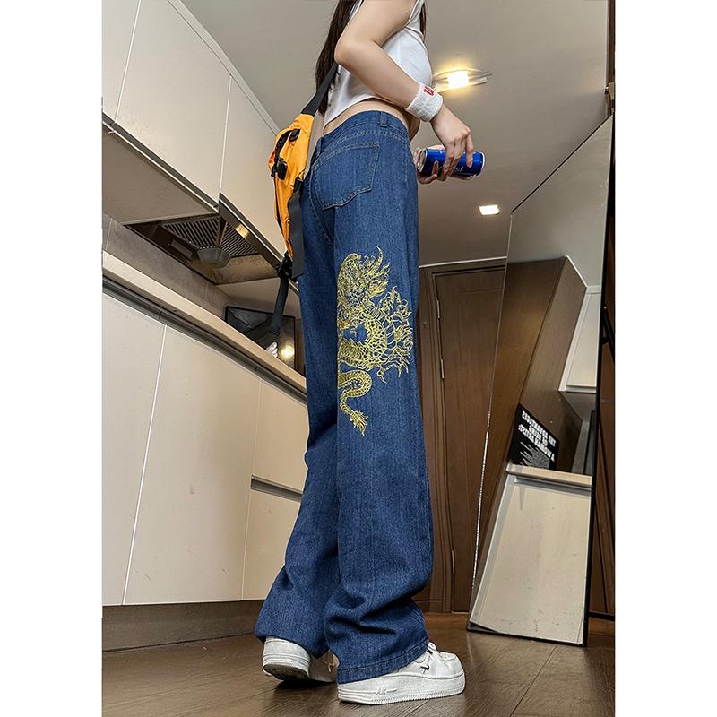 High-Waisted Wide-Leg Women's Jeans with Retro Embroidery - American High Street Style, Slim Loose Fit, Trendy Fashion Pants