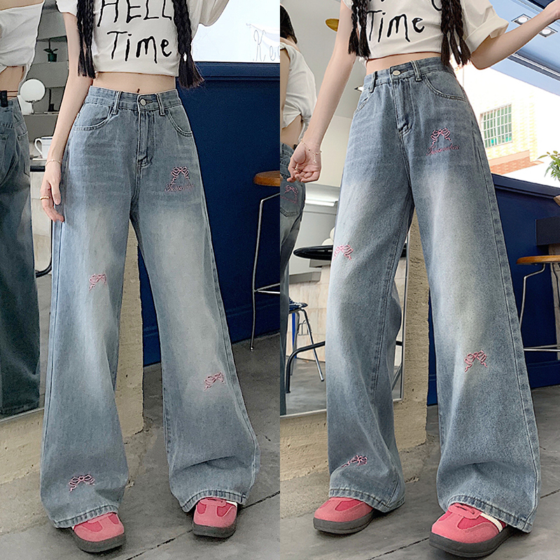 High-Waisted Women's Blue Jeans with Bow Embroidery, Slimming Loose Straight-Leg Wide-Leg Style, Versatile American Style