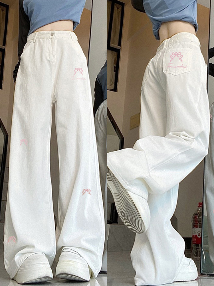 High-Waisted Women's Jeans with Bow Embroidery, Trendy American Style, Slimming Loose Straight-Leg Wide-Leg Design