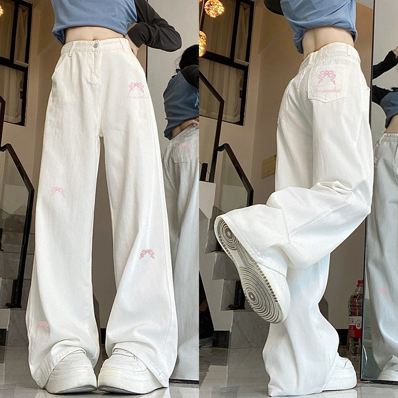 High-Waisted Women's Jeans with Bow Embroidery, Trendy American Style, Slimming Loose Straight-Leg Wide-Leg Design