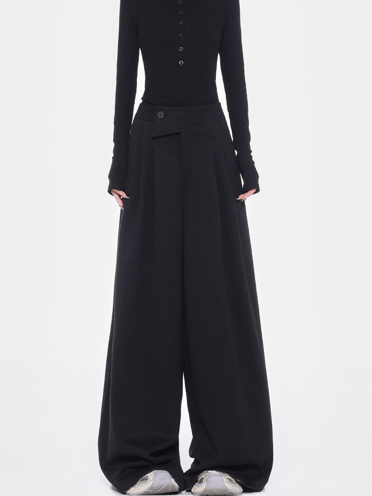 High-Waisted Wool Wide-Leg Suit Pants for Women with Diagonal Buckle Design - Casual 90s Inspired Trousers High-Waisted Wool Wide-Leg Suit Pants for Women with Diagonal Buckle Design - Casual 90s Inspired Trousers