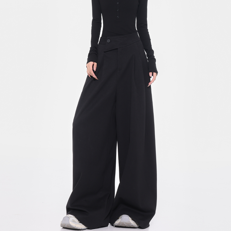 High-Waisted Wool Wide-Leg Suit Pants for Women with Diagonal Buckle Design - Casual 90s Inspired Trousers High-Waisted Wool Wide-Leg Suit Pants for Women with Diagonal Buckle Design - Casual 90s Inspired Trousers