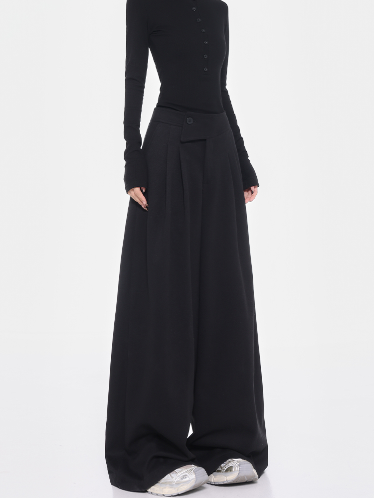 High-Waisted Wool Wide-Leg Suit Pants for Women with Diagonal Buckle Design - Casual 90s Inspired Trousers High-Waisted Wool Wide-Leg Suit Pants for Women with Diagonal Buckle Design - Casual 90s Inspired Trousers