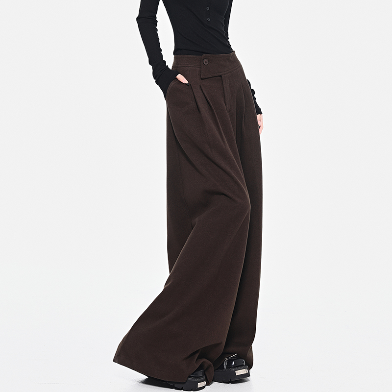 High-Waisted Wool Wide-Leg Suit Pants for Women with Diagonal Buckle Design - Casual 90s Inspired Trousers High-Waisted Wool Wide-Leg Suit Pants for Women with Diagonal Buckle Design - Casual 90s Inspired Trousers
