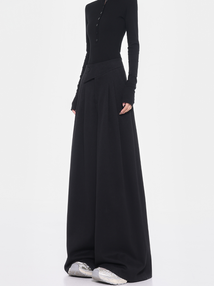 High-Waisted Wool Wide-Leg Suit Pants for Women with Diagonal Buckle Design - Casual 90s Inspired Trousers