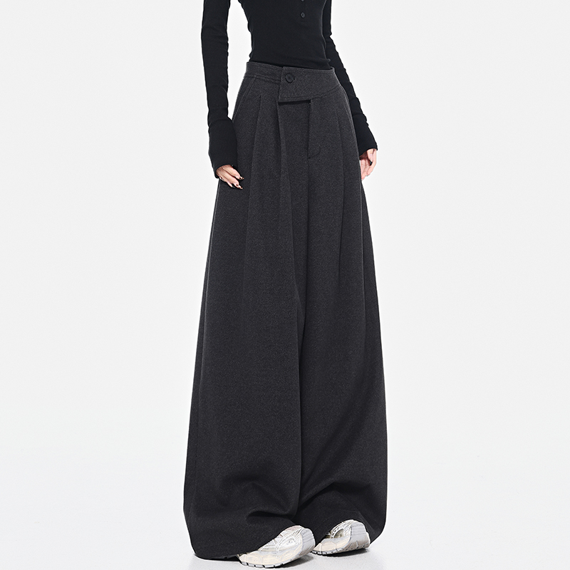 High-Waisted Wool Wide-Leg Suit Pants for Women with Diagonal Buckle Design - Casual 90s Inspired Trousers High-Waisted Wool Wide-Leg Suit Pants for Women with Diagonal Buckle Design - Casual 90s Inspired Trousers