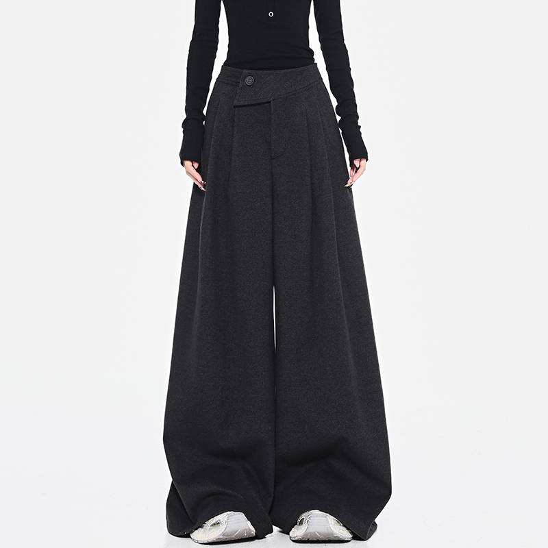 High-Waisted Wool Wide-Leg Suit Pants for Women with Diagonal Buckle Design - Casual 90s Inspired Trousers High-Waisted Wool Wide-Leg Suit Pants for Women with Diagonal Buckle Design - Casual 90s Inspired Trousers